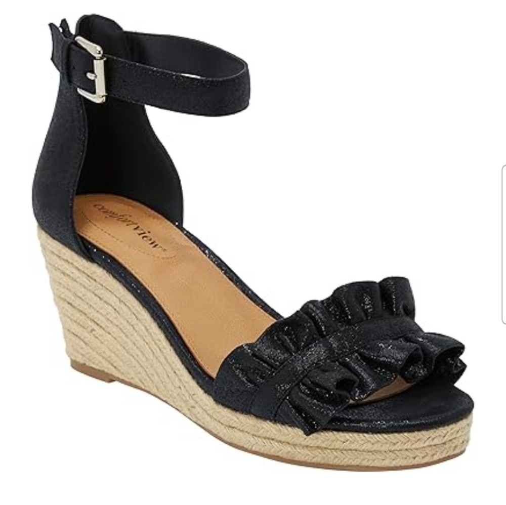 Comfortview London Sparkly Black Wedge Espadrille Sandals Women's Size 12